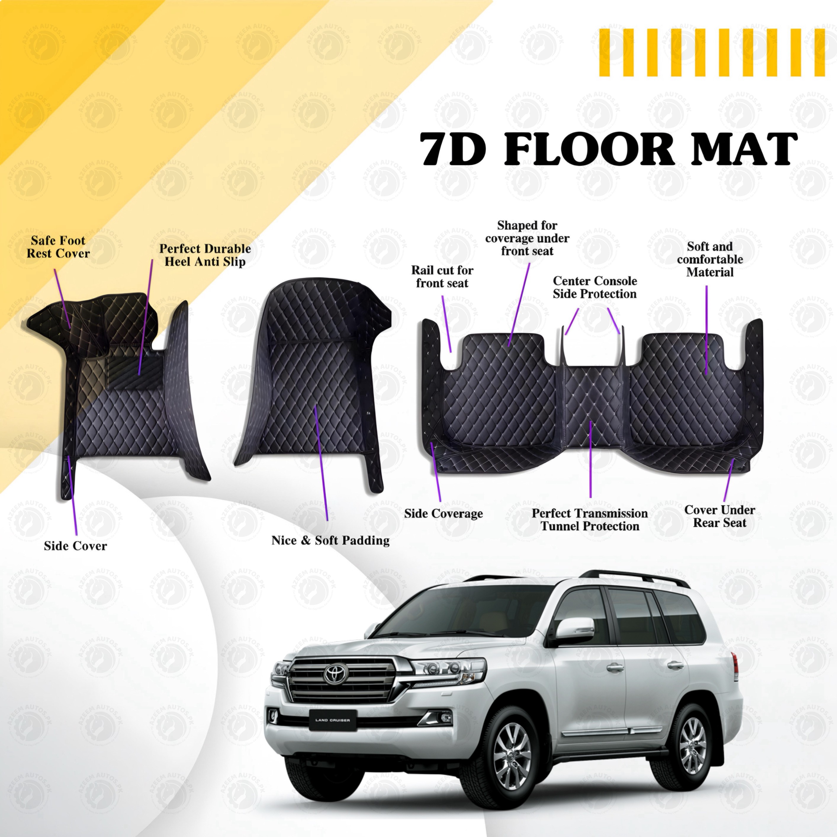 Toyota Land Cruiser Floor Mats Black Multi Color Thread 3 Pcs - Model 2015-2017