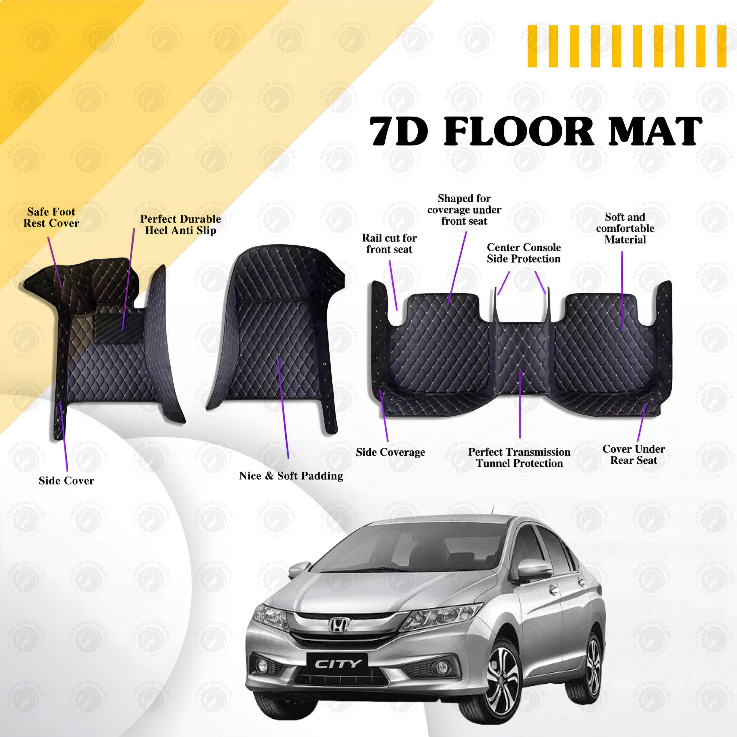 Honda City 7D Floor Mats Black Multi Color Thread 3 Pcs - Model  2021-22