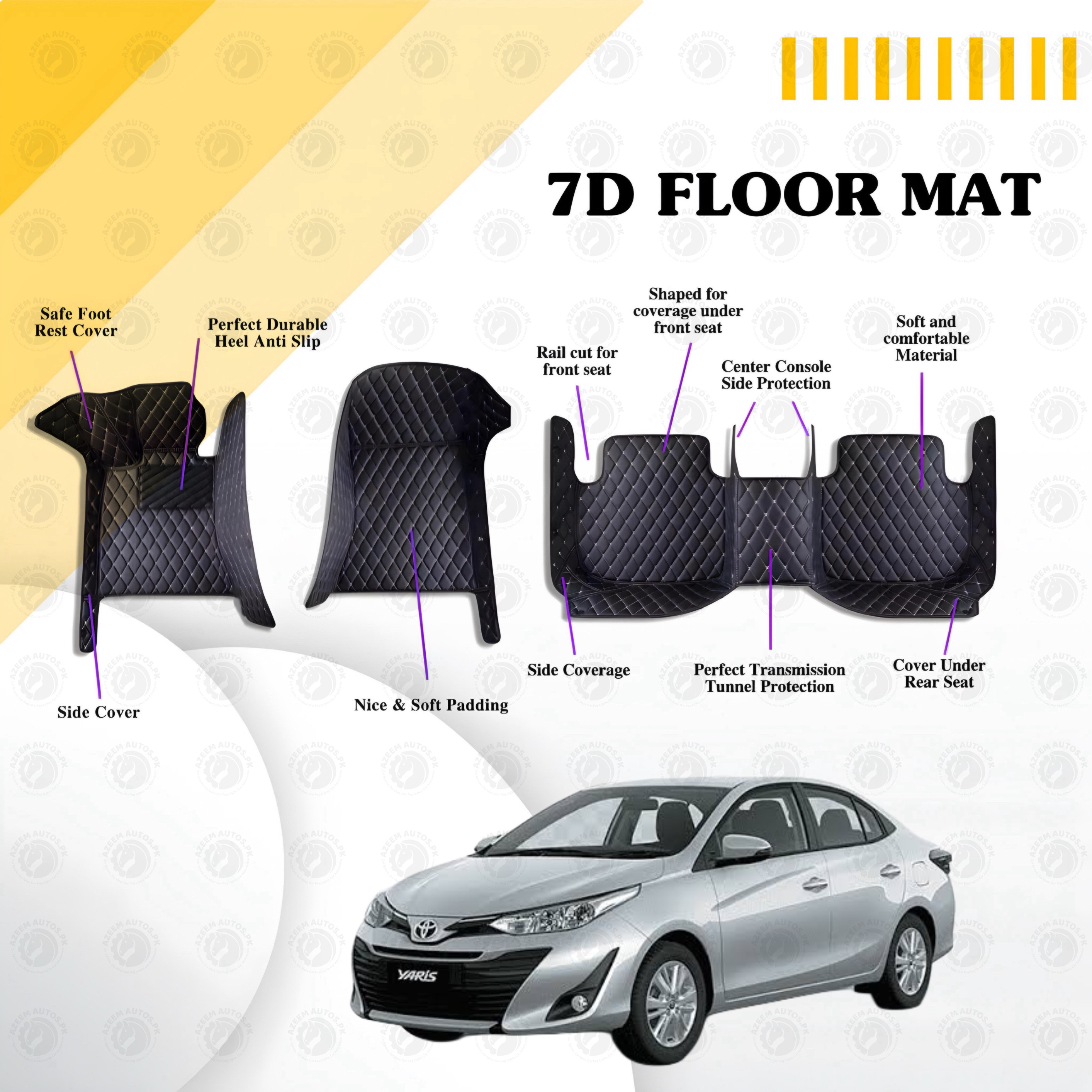 Toyota Yaris Floor Mats Black Multi Color Thread 3 Pcs - Model  2021-22