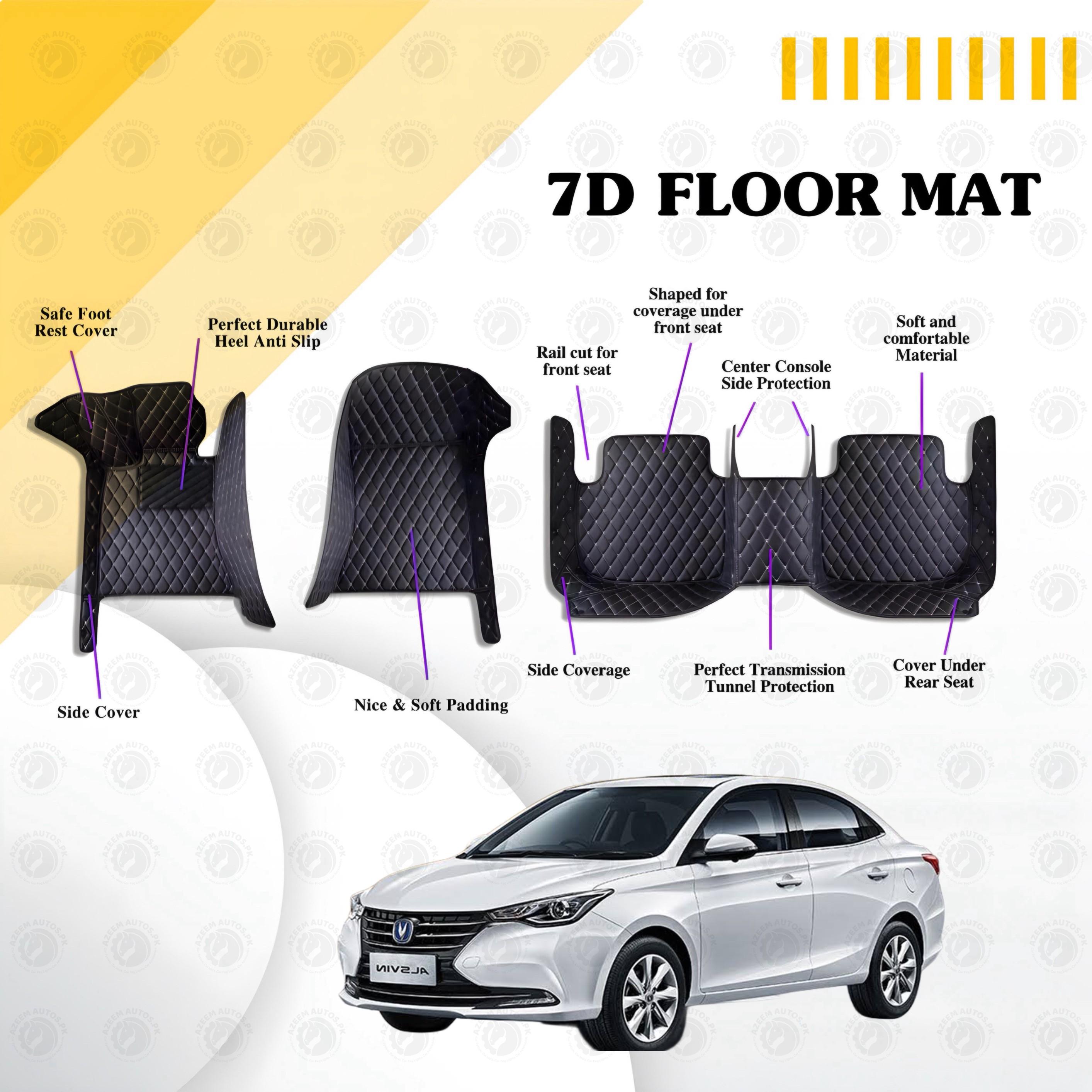 Changan Alsvin Floor Mats Black Multi Color Thread 3 Pcs - Model  2021-2022