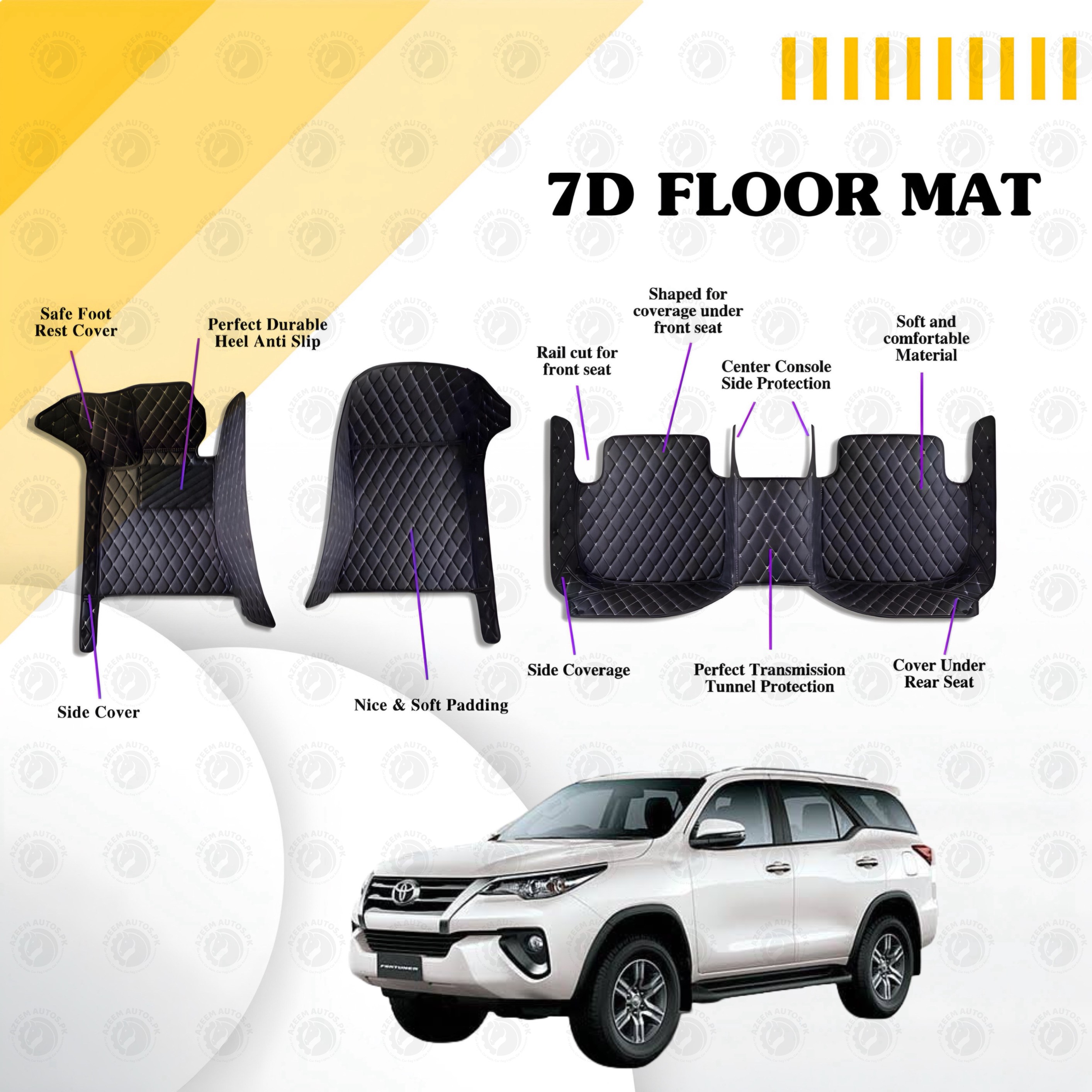 Toyota Fortuner 7D Floor Mats Black Multi Color Thread 3 Pcs - Model 2016-2021