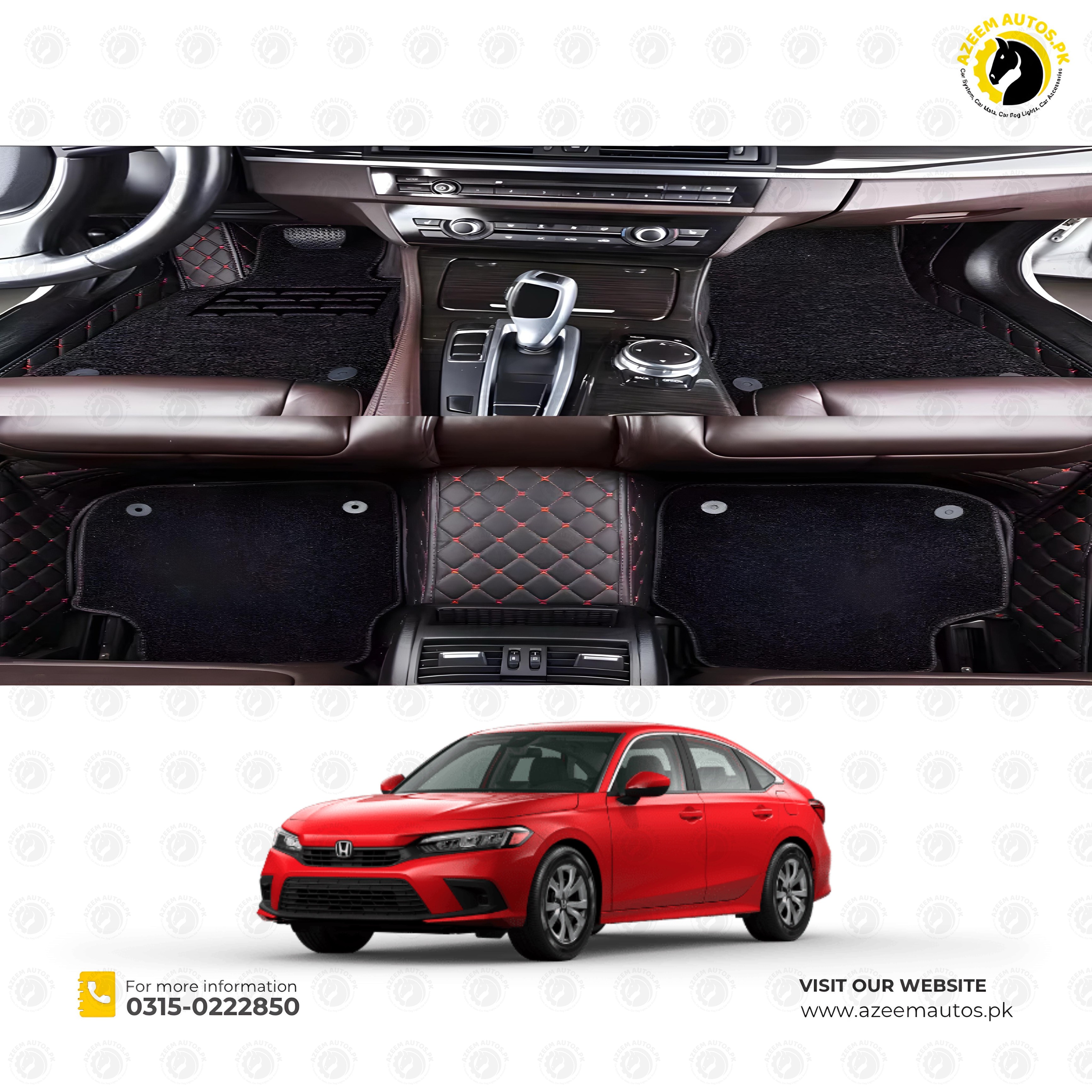 Honda Civic  9D Floor Mats Mix Thread Black With Black Grass With Logo 3 Pcs - Model 2022-2024